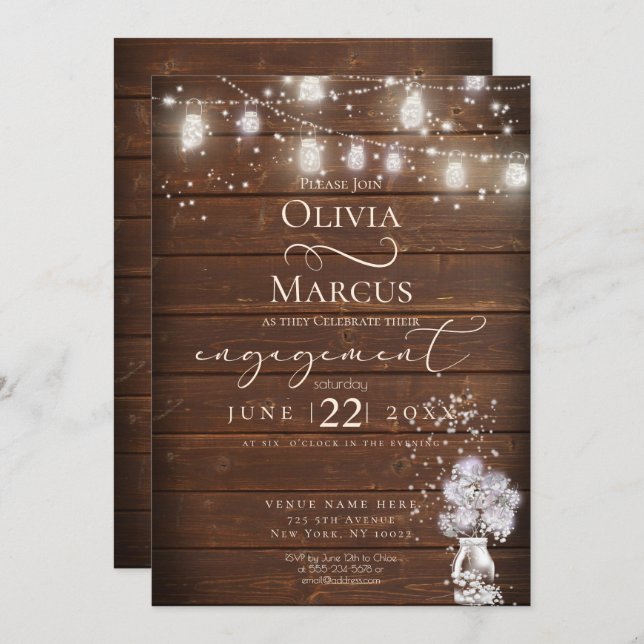 Rustic Mason Jar String Lights theBarefootBride™ Invitation (Front/Back)