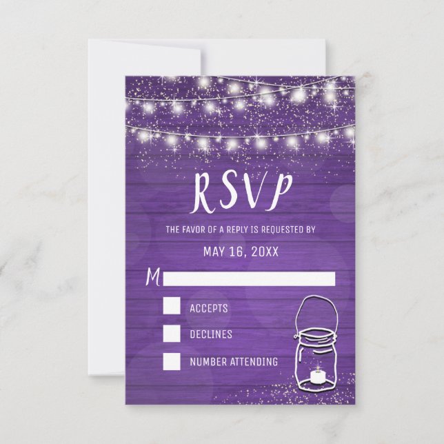 Rustic Mason Jar String Lights Violet Wedding RSVP Card (Front)