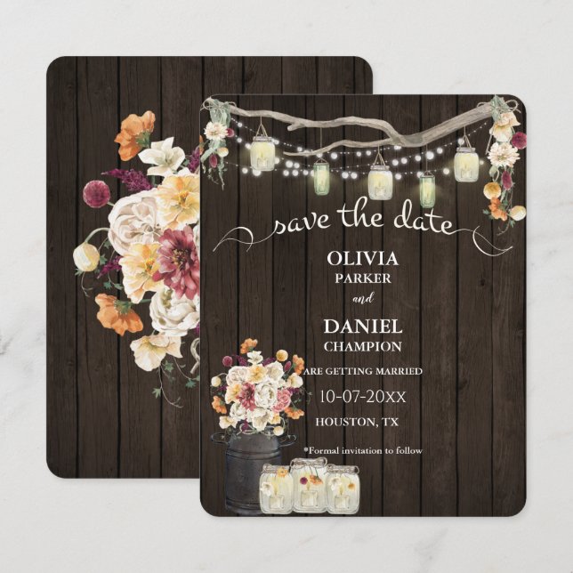 Rustic Mason Jar String Lights Watercolor Flowers (Front/Back)