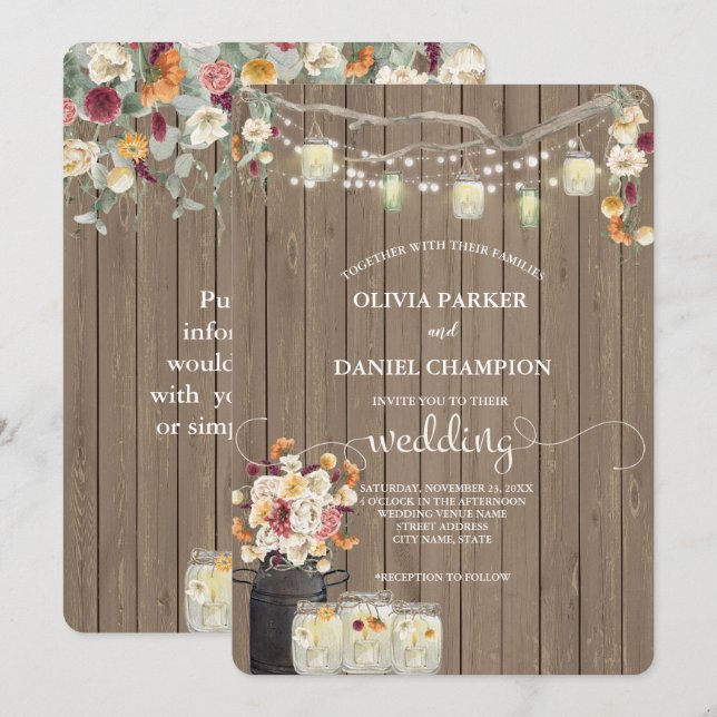 Rustic Mason Jar String Lights Watercolor Flowers  Invitation (Front/Back)