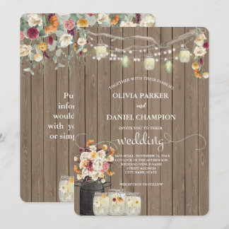 Rustic Mason Jar String Lights Watercolor Flowers  Invitation