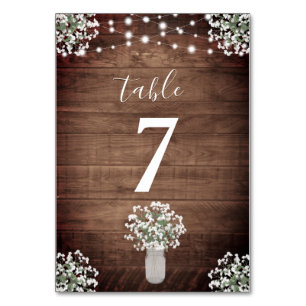 Rustic Mason Jar & String Lights Wedding Table Number