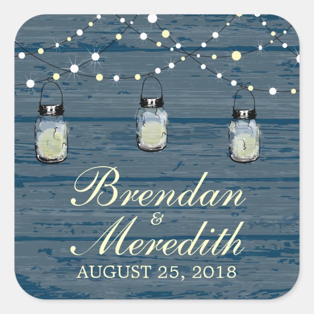 Rustic Mason Jar String of Lights Square Sticker (Front)