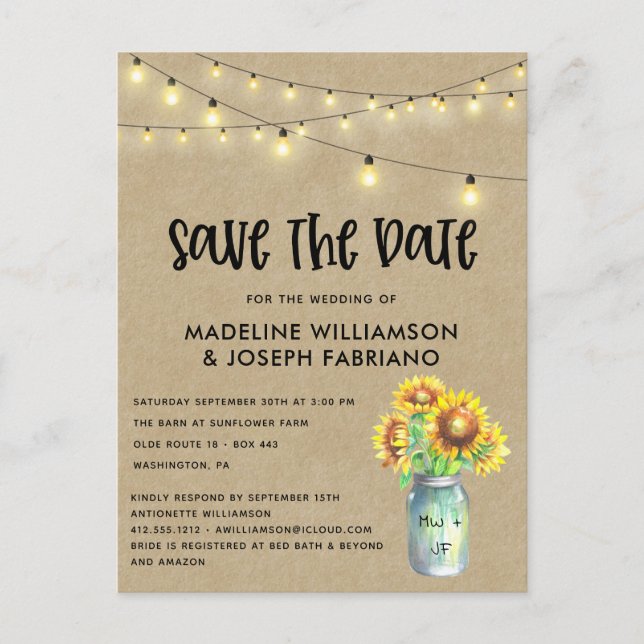 Rustic Mason Jar Sunflower Save the Date  Postcard (Front)
