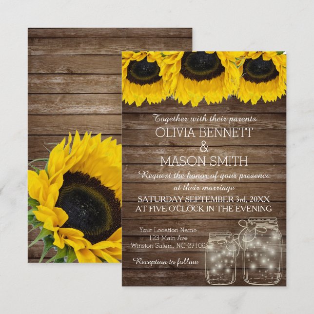 Rustic Mason Jar Sunflower Wedding Card (Front/Back)