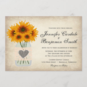 Rustic Mason Jar Sunflower Wedding Invitations