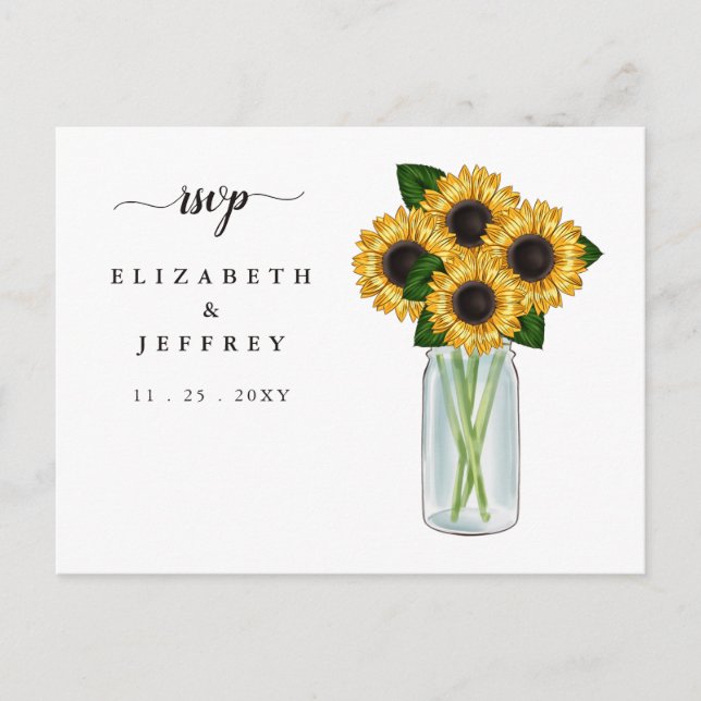 Rustic Mason Jar Sunflowers RSVP Postcard (Front)