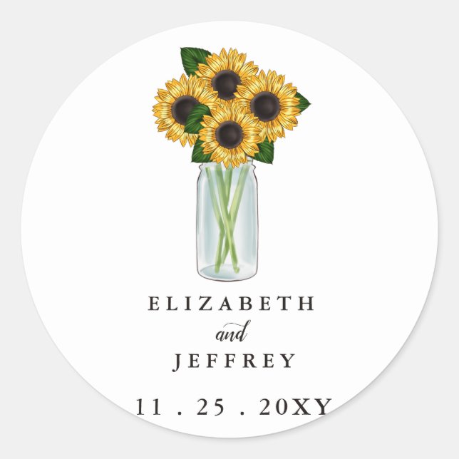Rustic Mason Jar Sunflowers Wedding Classic Round Sticker (Front)