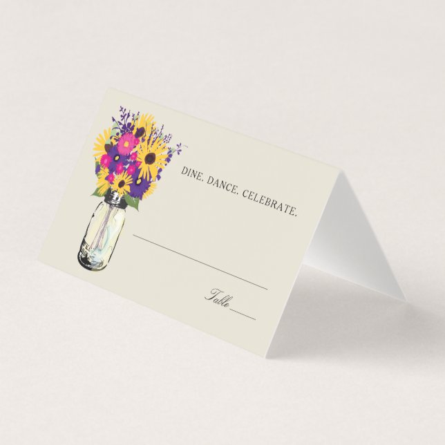 Rustic Mason Jar Sunflowers Wedding Place Cards (Front)