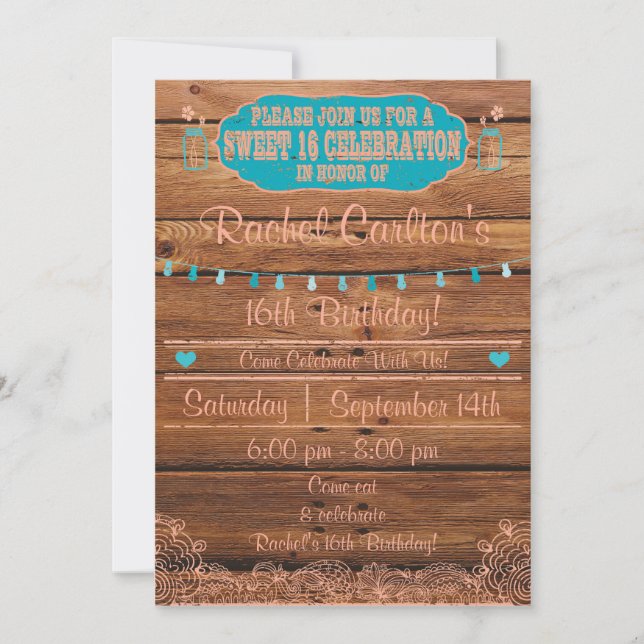 Rustic Mason Jar Sweet 16 Birthday Invite (Front)