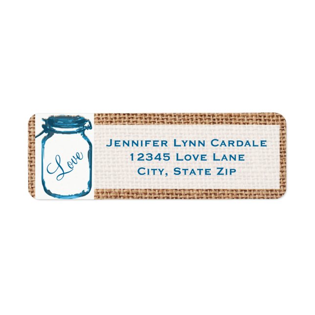 Rustic Mason Jar Teal Burlap Wedding Address Label (Front)