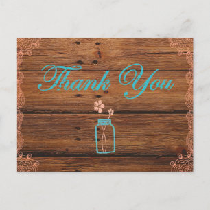 Rustic Mason Jar Thank you postcards peach teal