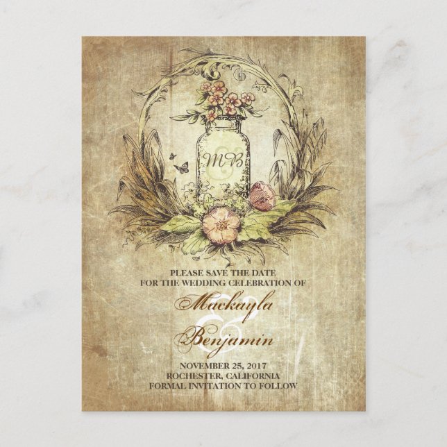 Rustic mason jar vintage save the date postcards (Front)