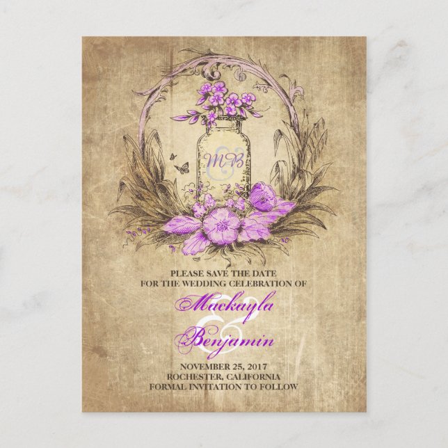 Rustic mason jar vintage save the date postcards (Front)