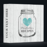 Rustic mason jar vintage wooden recipe binder book<br><div class="desc">Personalized white oak wood grain line rustic mason jar kitchen recipe binder book. Custom kitchen cookbook with vintage turquoise blue faded heart and personalizable name. Cute personalized baking / cooking gift idea for women; ie mom, mother, aunt, wife, sister, daughter, grandma, bride, bridesmaids, friend, chef etc. Country chic design with...</div>