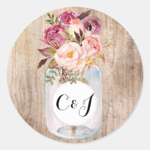 Rustic Mason Jar Watercolor Flowers Wood Wedding Classic Round Sticker