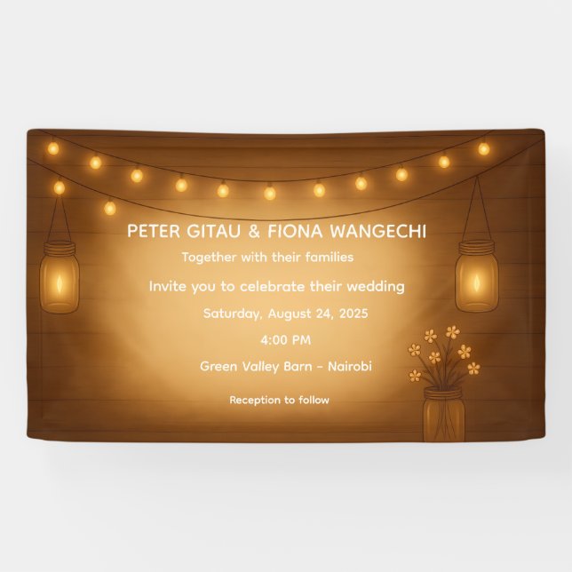 Rustic Mason Jar Wedding Banner with String Lights (Horizontal)
