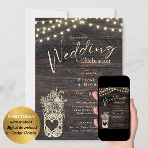 Rustic Mason Jar Wedding Invites DIGITAL and Print