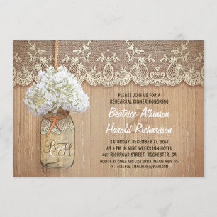 rustic mason jar white hydrangea rehearsal dinner invitation
