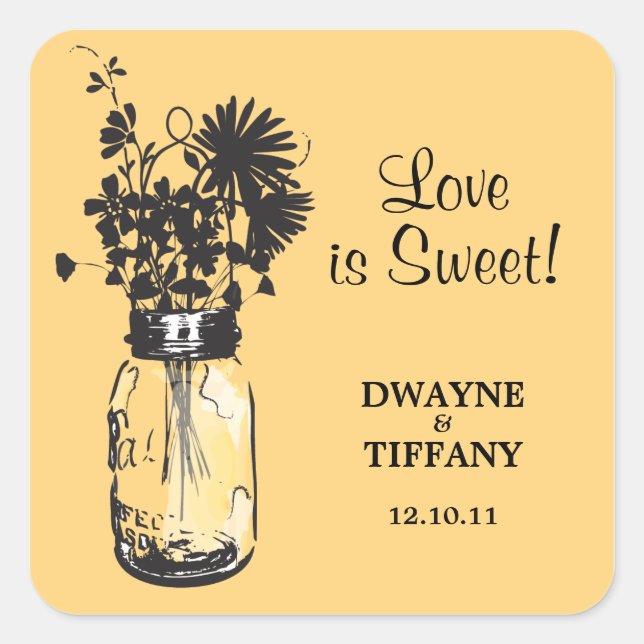 Rustic Mason Jar & Wildflowers Square Sticker (Front)