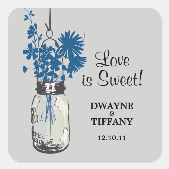 Rustic Mason Jar & Wildflowers Square Sticker (Front)