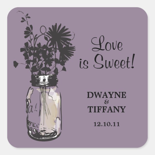 Rustic Mason Jar & Wildflowers Square Sticker (Front)