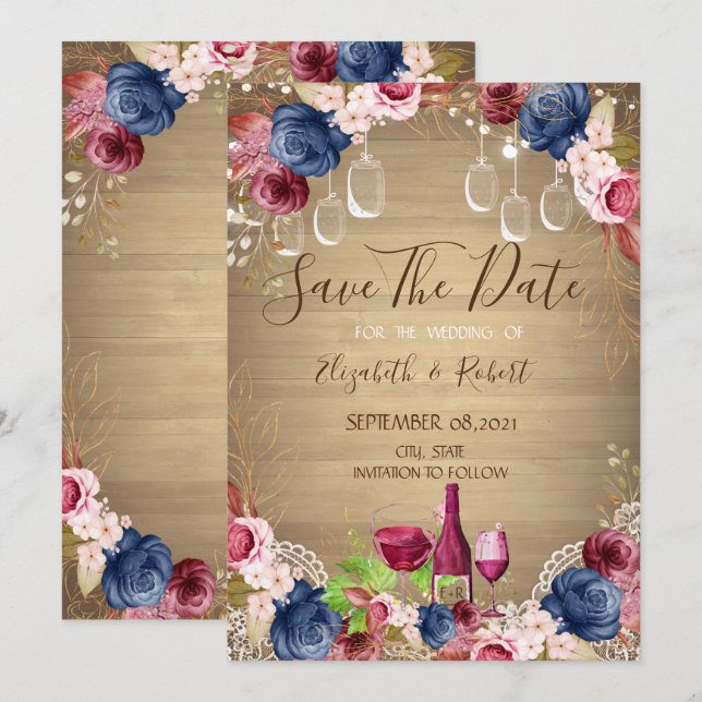 Rustic Mason Jar, Wine Tasting Floral  Save The Date (Front/Back)