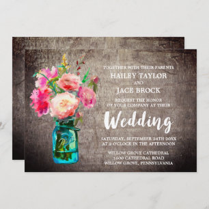 Rustic Mason Jar with Flower Bouquet Wedding Invitation