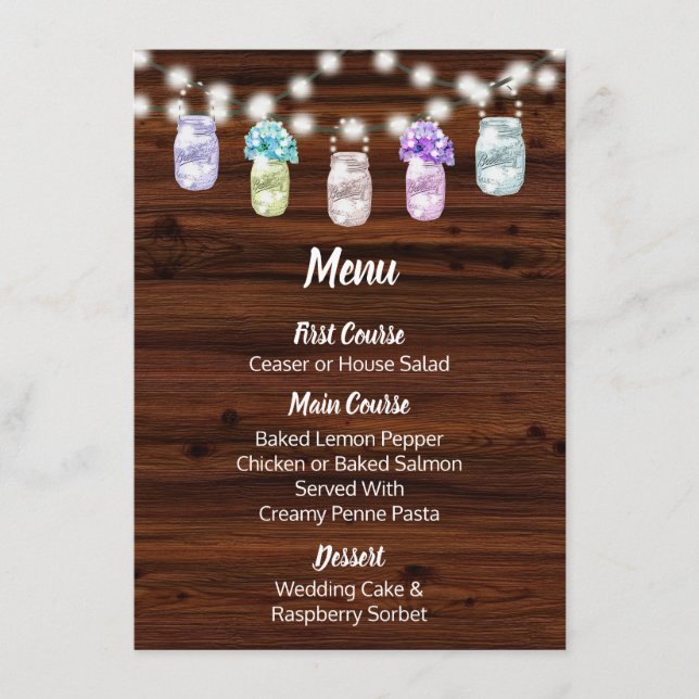 Rustic Mason Jar With Lights Wedding Menu (Front)