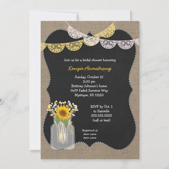 Rustic Mason Jar with sunflowers baby's breath Invitation (Front)