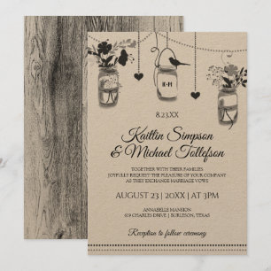 Rustic Mason Jar Wood Kraft Invitations de mariage