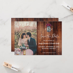 Rustic Mason jar wood monogram photo Save the Date Invitation
