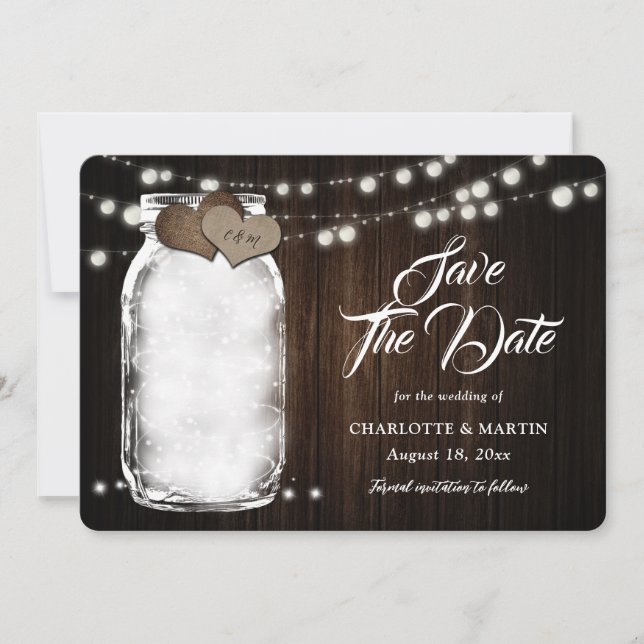 Rustic Mason Jar Wood String Lights Wedding Save The Date (Front)