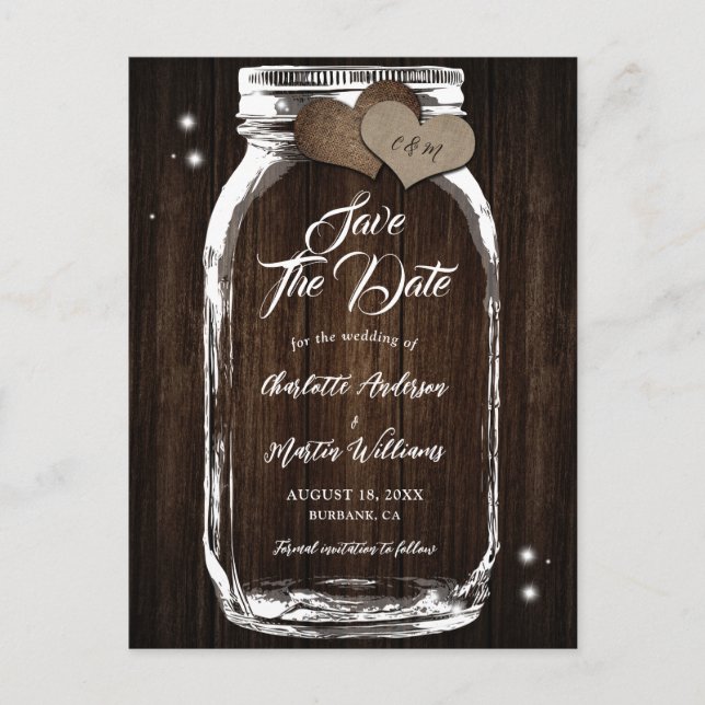 Rustic Mason Jar Wood Wedding Save The Date Announcement Postcard (Front)