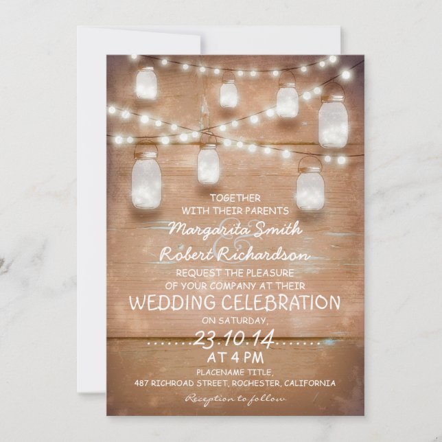 rustic mason jars and light wedding invitations (Front)
