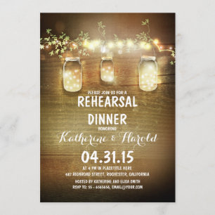 rustic mason jars and lights rehearsal dinner invitation