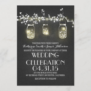 rustic mason jars and lights wedding invitations