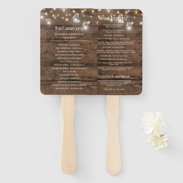 Rustic Mason Jars and String Lights Wedding Hand Fan (Front and Back)