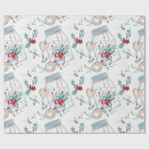 Rustic Mason Jars Holly Hearts Christmas Wrapping Paper