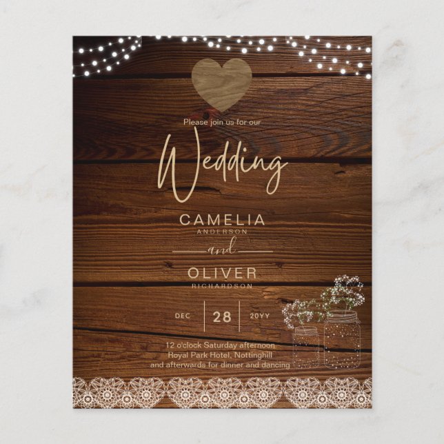 Rustic Mason Jars Lights Lace Gypsophilia WEDDING Flyer (Front)