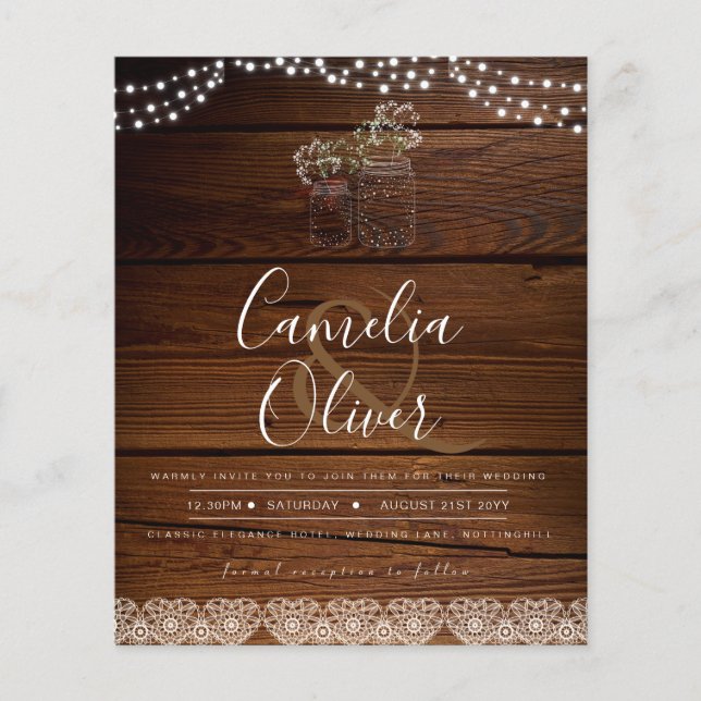 Rustic Mason Jars Lights Lace Gypsophilia WEDDING Flyer (Front)