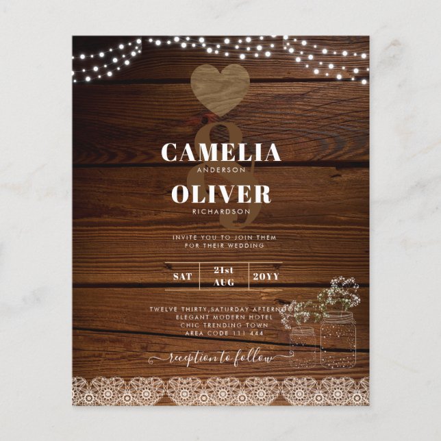 Rustic Mason Jars Lights Lace Gypsophilia WEDDING Flyer (Front)