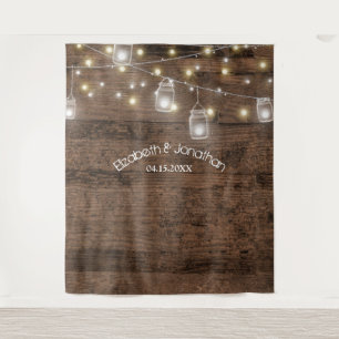 Rustic Mason Jars & Lights Wedding Photo Backdrop Tapestry