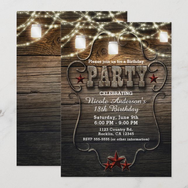Rustic Mason Jars, Lights & Wood Birthday PARTY Invitation (Front/Back)