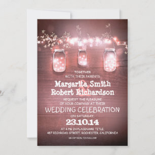 rustic mason jars & pink lights wedding invitation