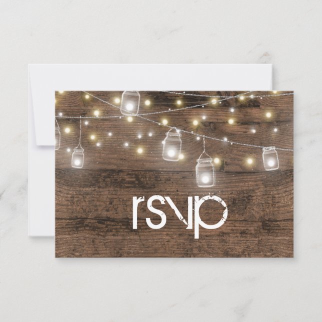 Rustic Mason Jars & String Lights Enclosure RSVP Card (Front)