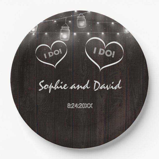 Rustic Mason Jars String Lights Old Barn Wedding Paper Plate (Front)