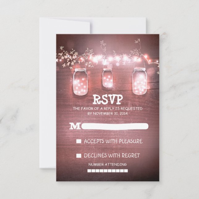 rustic mason jars string lights wedding RSVP cards (Front)