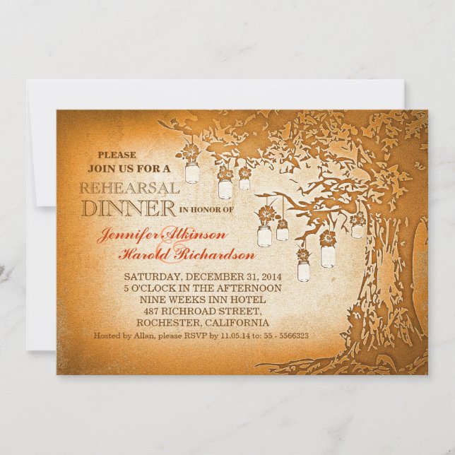 Rustic mason jars tree rehearsal dinner invitation (Front)