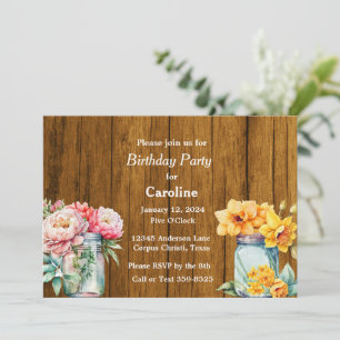 Rustic Mason jars with Flowers Barn Birthday Party Invitation